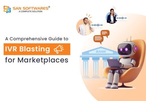 An illustration for a blog post titled "A Comprehensive Guide to IVR Blasting for Marketplaces" by SAN Softwares.