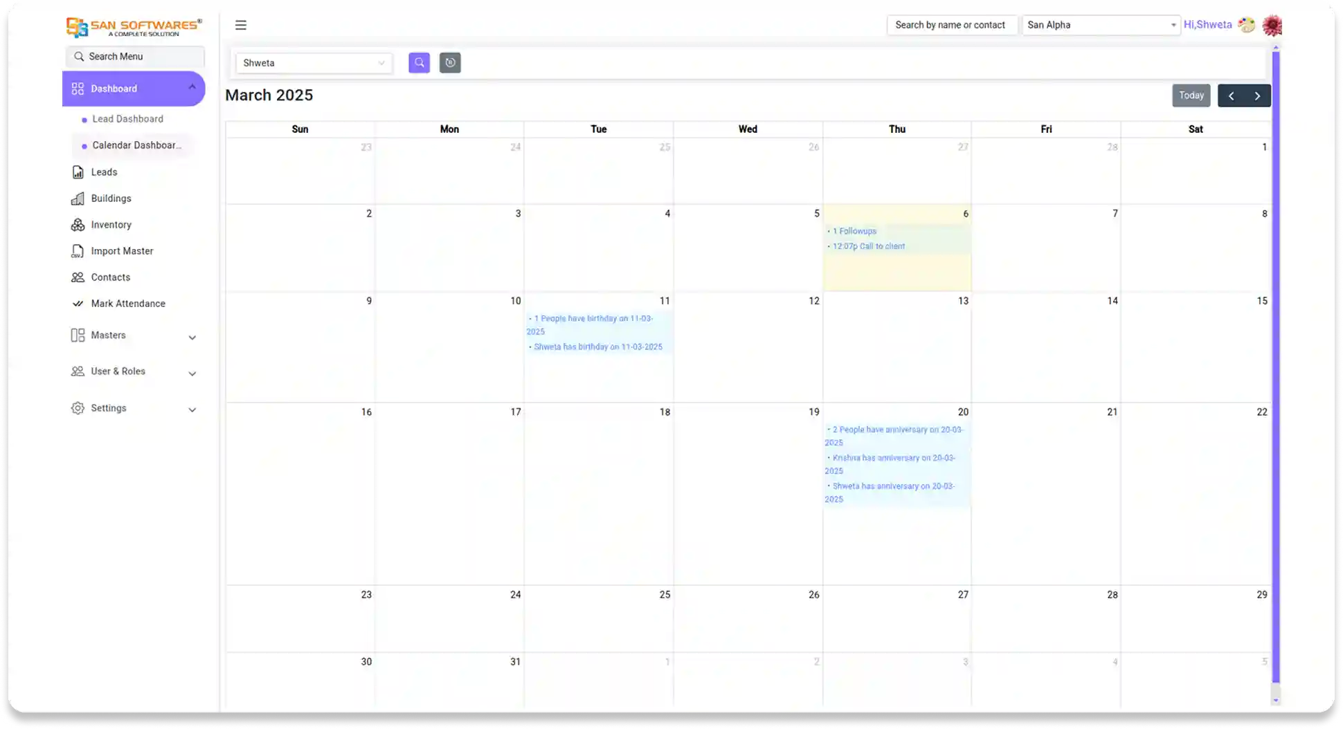 Calendar Dashboard for RealEstate